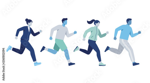 Flat Vector Illustration of Five People Running Premium Modern Fitness Concept