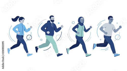 Flat Vector Illustration of Five People Running Premium Modern Fitness Concept