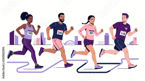 Flat Vector Urban Runners Group Purple Pink Palette Isolated on White