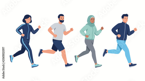 Flat Vector Illustration of Five People Running Premium Modern Fitness Concept