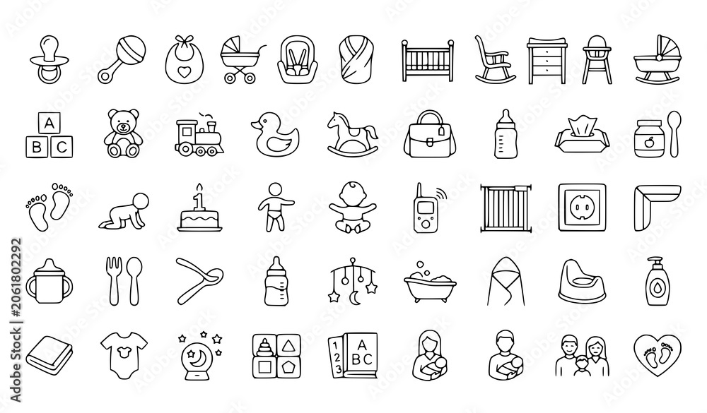 Fototapeta premium Baby and toddler essentials icons set