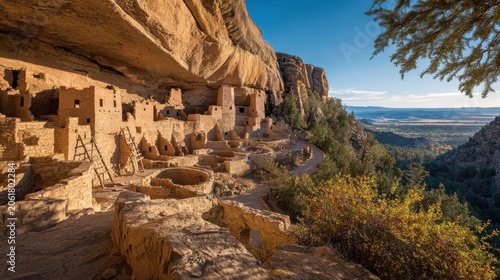Ancestral Puebloan cliff dwellings in Mesa Verde under golden desert light