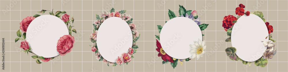 Obraz premium Vector floral frames with roses and daisies on a beige grid background.
