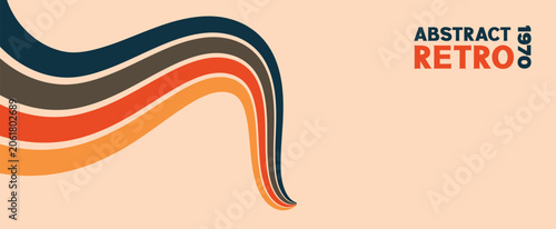 Abstract retro 1970s background with wavy colorful stripes and copy space