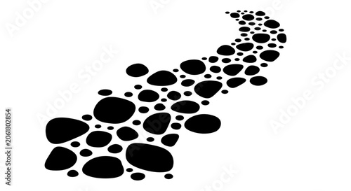 Black pebbles on white background forming trail.