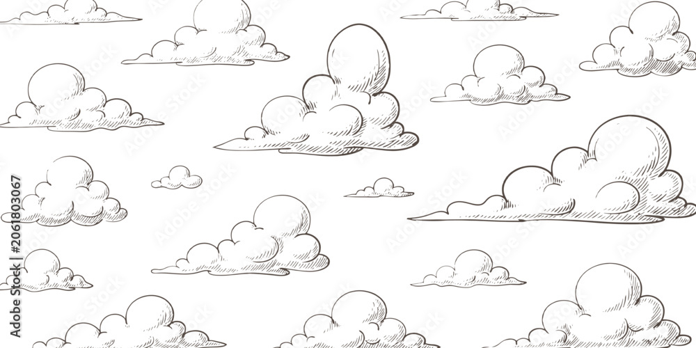 Fototapeta premium Hand drawn vintage sketch style fluffy clouds in the sky seamless pattern background vector illustration design.