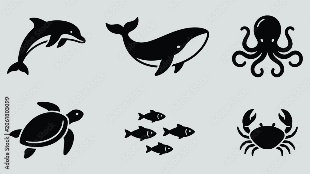 Obraz premium Set of Marine Life Icons: Dolphin, Whale, Octopus, Turtle, Fish, Crab