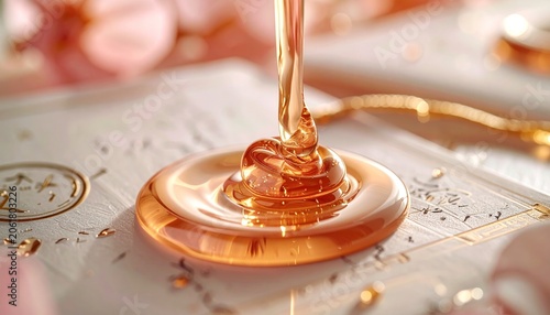 Honey Dripping onto White Surface with Golden Accents.