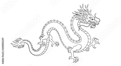 A black and white illustration of a dragon.