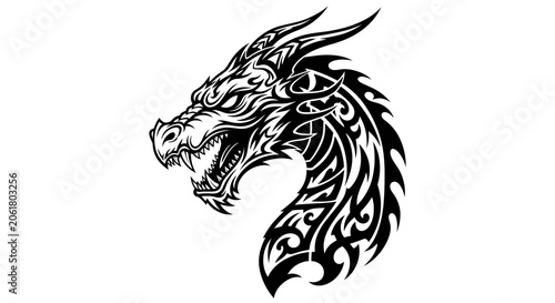 Tribal dragon head illustration in black.