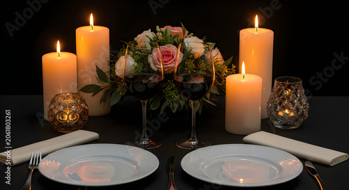 Elegant dinner setting with floral centerpiece and lit candles on a dark table