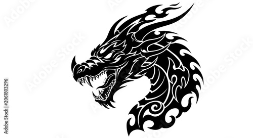 Tribal dragon head illustration with flames.