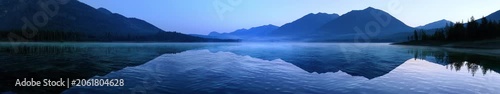 Misty Mountain Lake Panorama at Dawn, Calm Blue Water Reflection Nature Animation, Widescreen Loop