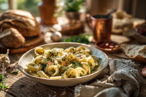 Authentic orecchiette from Bari: regional Italian pasta with olive oil, garlic, and fresh parsley