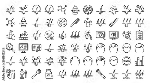 Hair treatment vector bundle with transplant growth and scalp health symbols