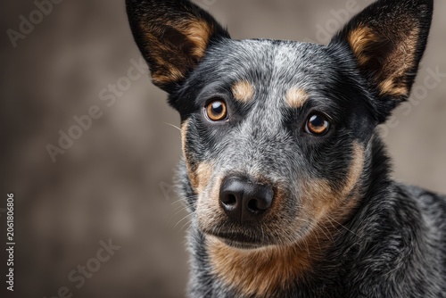 Head-and-shoulders portrait of a loyal Australian cattle dog with soft lighting