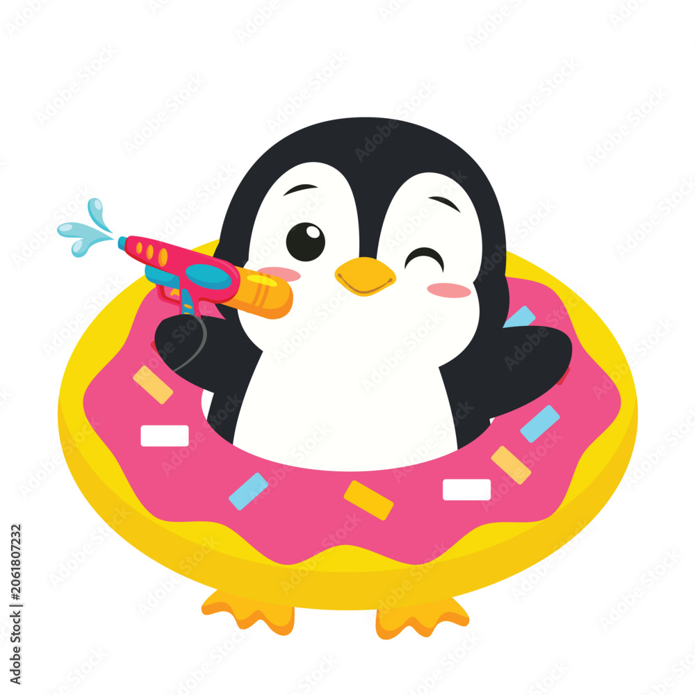 Fototapeta premium Cute cartoon penguin wearing a donut swim ring and playing with a water gun in summer