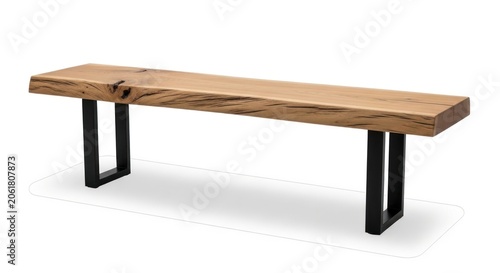 Rustic wooden bench with black metal legs isolated.