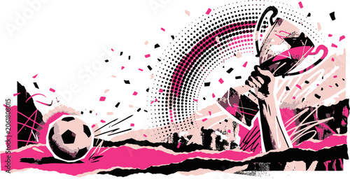 Photos Dynamic soccer championship vector illustration, hand holding winner trophy with