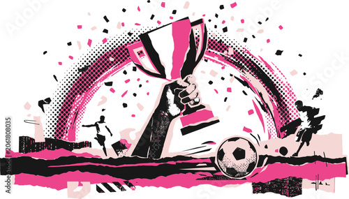 Canvastavla Dynamic soccer championship vector illustration, hand holding trophy cup with fo
