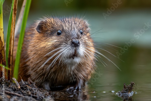 Close-up portrait of a muskrat by a muddy riverbank under natural light