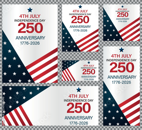 USA 250th anniversary Independence Day banner set; 4th of July semiquincentennial template collection, American flag stars and stripes layout isolated on transparent background