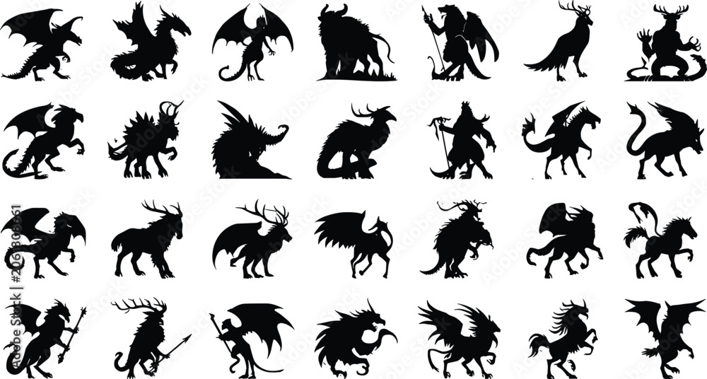 Naklejka premium Mythical creatures and fantasy monsters silhouettes set featuring dragons, griffins, pegasus, demons, and legendary beasts vector icons collection