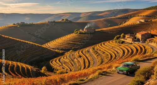 Scenic terraced vineyard landscape at sunset.