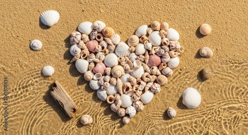 Seashell heart shape on sandy beach shore.