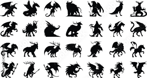 Foto Mythical creatures and fantasy monsters silhouettes set featuring dragons, griff
