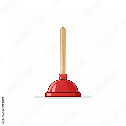 Red umbrella with wooden handle isolated