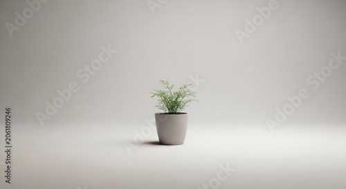 Single small green plant in grey pot on white.