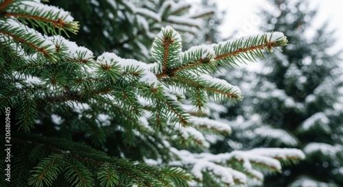 Snow covered evergreen branches in winter forest.