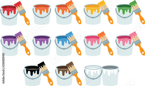 Vector illustration collection of colorful paint buckets and paintbrushes with dripping liquid isolated on white background