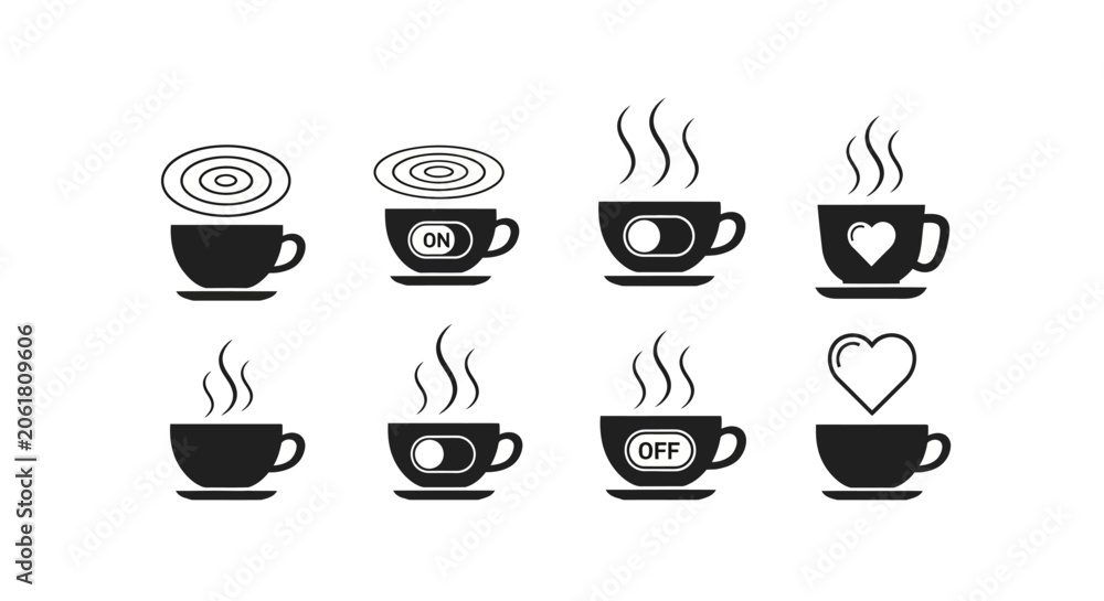 Obraz premium Collection of black icons on white background coffee cups symbolizing different concepts like power state engagement love and thought process