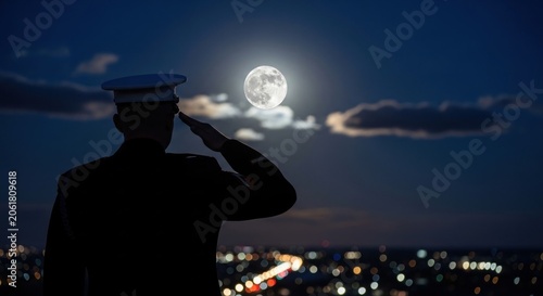 Soldier silhouette saluting under full moon at night.