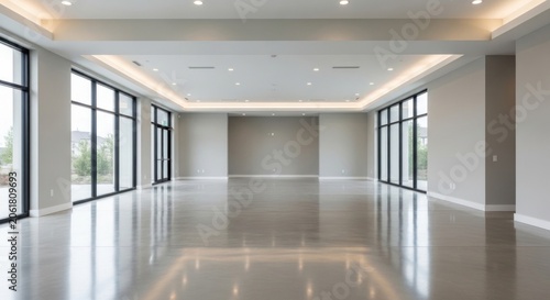 Spacious empty modern hall with large windows.