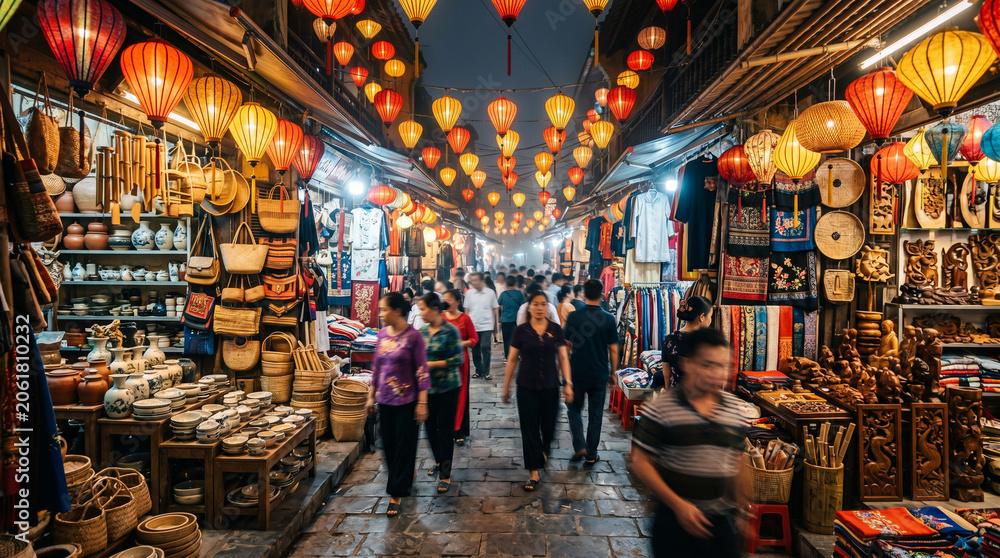 Obraz premium Lantern-lit night market street with traditional shops and crowds walking