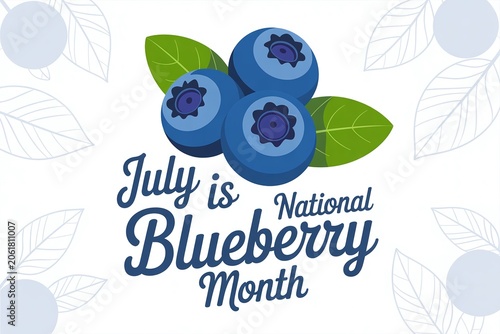 July is National Blueberry Month illustrated fruit graphic leaves white background