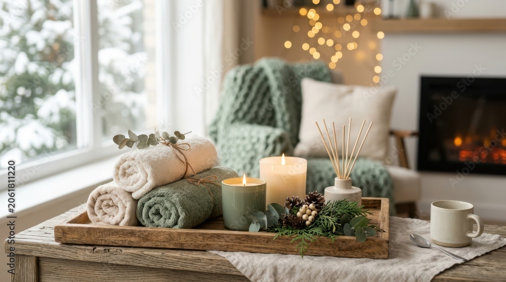 Obraz premium Cozy winter hygge scene with candles, rolled towels, and fireplace glow