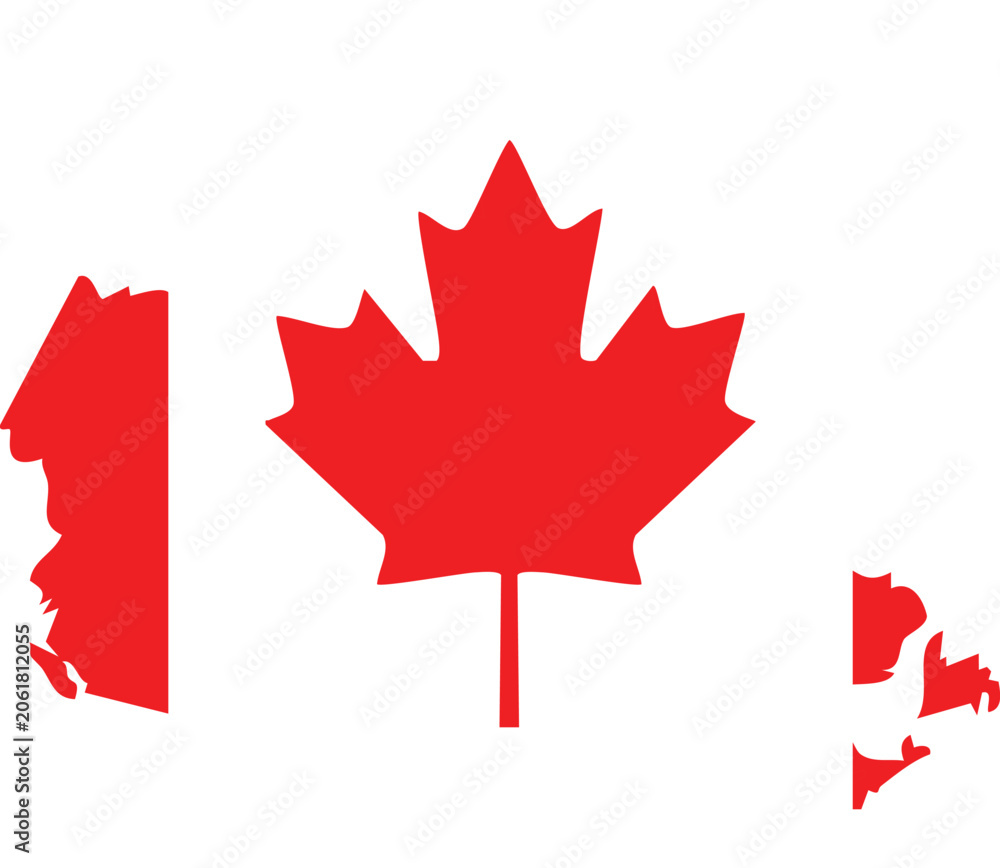 Obraz premium Red maple leaf and silhouette of canada, flat