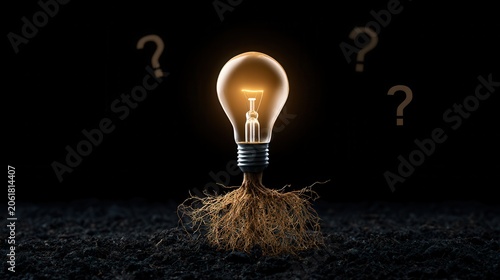 Light bulb growing from roots in dark soil