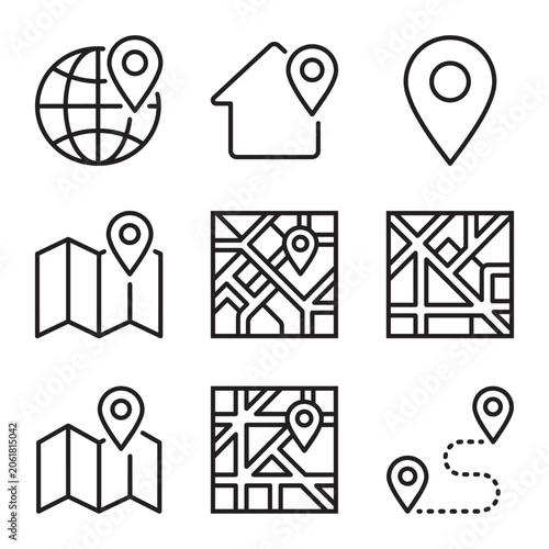 Set of simple black line icons for maps navigation and location pin symbols vector design.
