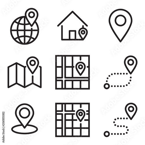 Set of black line icons for navigation map location and travel destination points vector design.