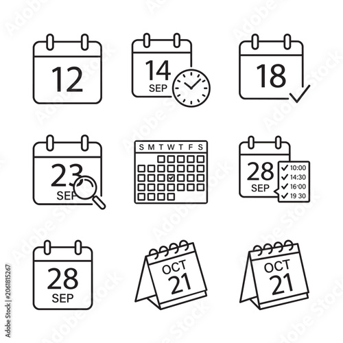 Set of simple black outline calendar and schedule icons for business and planning vector design.