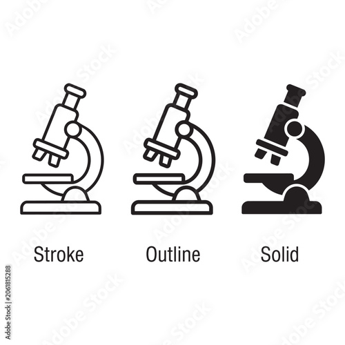 Set of microscope icons in stroke outline and solid black styles vector design for laboratory use. 
