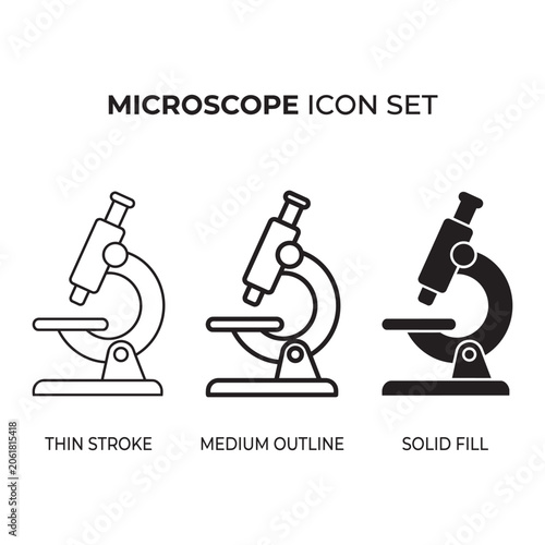 A collection of three simple microscope icons representing scientific research and laboratory equipment, presented in clean black line art and solid silhouette styles.