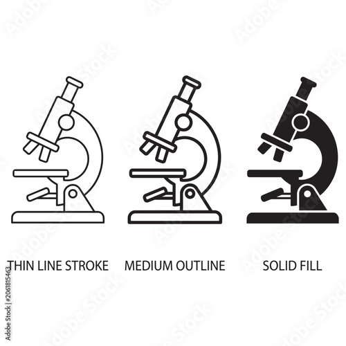 Set of microscope icons with thin stroke medium outline and solid fill styles vector file.