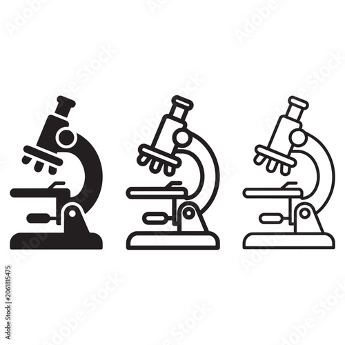 Set of three microscope icons with thin line medium outline and solid fill styles vector illustration.