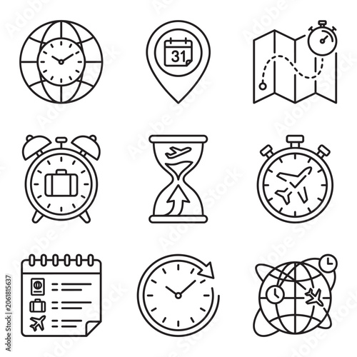 Set of travel and time management icons with clocks calendars and airplanes vector file.